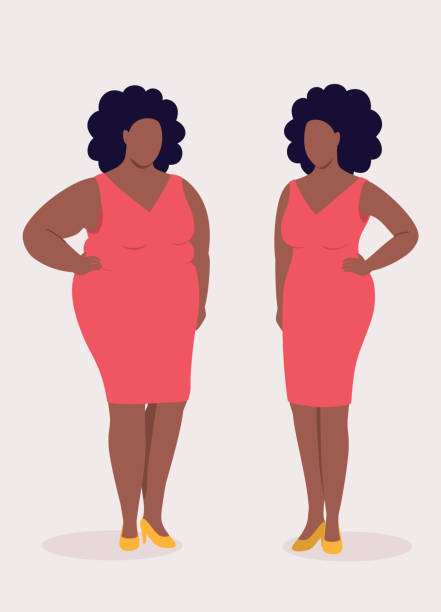 Black Woman With Red Color Tight Fitting Dress Standing And Posing Her Body Before And After A Weight Loss. Full Figured. Isolated On Color Background.